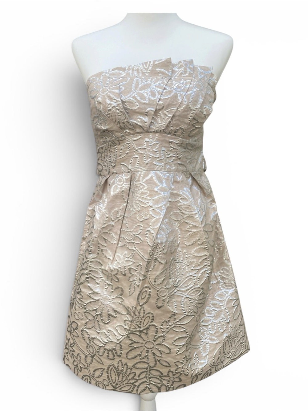 Strapless Floral Jacquard Cocktail Dress - Beige